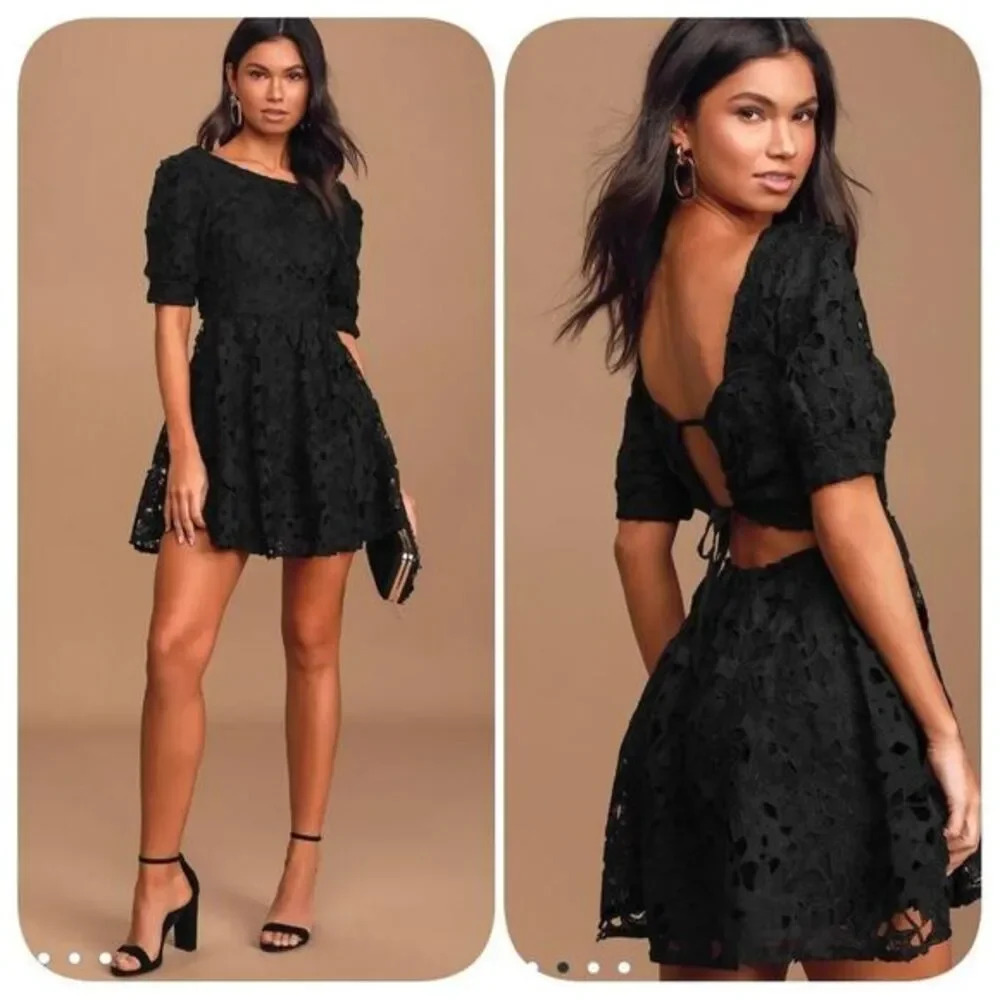 Lulu's For a Moment Black Lace Cutout Mini Skater Dress Size M